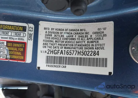 2007 Honda Civic Lx из США, поврежденный, VIN 2HGFA16577H502284